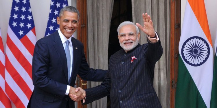 NEW DELHI, INDIA - JANUARY 25: Indian Prime Minister Narendra Modi (R) shakes hands with US President Barack Obama prior to a meeting in New Delhi on January 25, 2015. US President Barack Obama held talks January 25 with Prime Minister Narendra Modi at the start of a three-day India visit aimed at consolidating increasingly close ties between the world's two largest democracies. (Photo by Vinod Singh/Anadolu Agency/Getty Images)