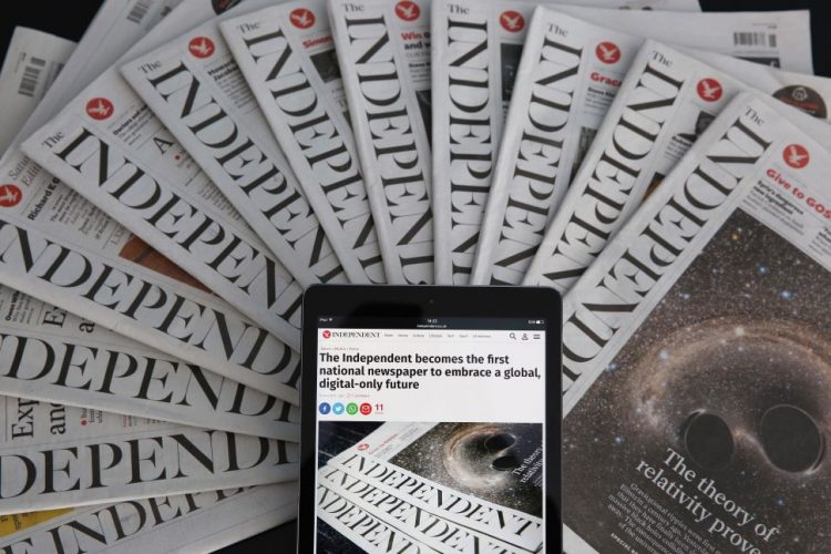LONDON, ENGLAND - FEBRUARY 12:  In this photo illustration is an iPad displaying The Independent's online platform above a selection of The Independent newspapers on February 12, 2016 in London, United Kingdom. The British newspaper 'The Independent' which has been in circulation since 1986, will move to a 'digital only' platform from March 26, 2016, the owners ESI Media said in a statement today.  (Photo by Dan Kitwood/Getty Images)