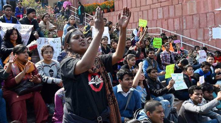 New Delhi: JNU students agitating for the release of the Students Union President Kanhaiya Kumar at the Jawaharlal Nehru University (JNU) in New Delhi on Tuesday. PTI Photo by Kamal Singh(PTI2_16_2016_000189A) *** Local Caption ***