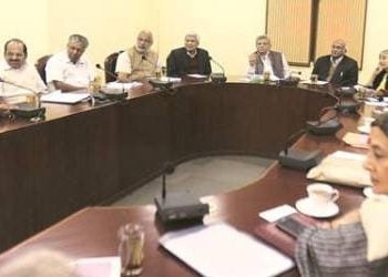 CPM general secretary Sitaram Yechury and others party leaders during a  bureau meeting in new delhi on tuesday.Express photo by Anil Sharma.16.02.2016