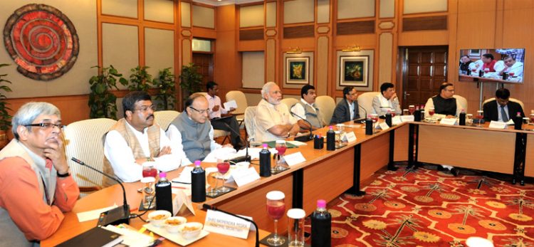 The Prime Minister, Shri Narendra Modi chairing a high-level meeting on the global economic scenario, in New Delhi on September 08, 2015.