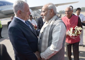 The Prime Minister, Shri Narendra Modi receives the Prime Minister of Israel, Mr. Benjamin Netanyahu, on his arrival, at Gujarat on January 17, 2018.
	The Governor of Gujarat, Shri O.P. Kohli is also seen.