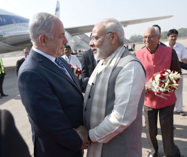 The Prime Minister, Shri Narendra Modi receives the Prime Minister of Israel, Mr. Benjamin Netanyahu, on his arrival, at Gujarat on January 17, 2018.
	The Governor of Gujarat, Shri O.P. Kohli is also seen.