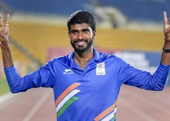 Guwahati: Keralas Jinson Johnson celebrates after creating a national record in the men's 800m run during the 58th National Inter-State Senior Athletic Championships 2018 at Indira Gandhi Athletic Stadium, in Guwahati on Wednesday, June 27, 2018. (PTI Photo)(PTI6_27_2018_000272B)