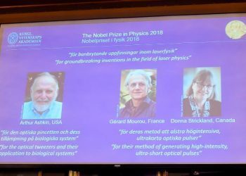 epa07063133 The Nobel Prize laureates for Physics 2018 are announced at the Royal Swedish Academy of Sciences in Stockholm, Sweden, 02 OCtober 2018. The prize is shared between Arthur Ashkin of the USA, Gerard Mourou of France, and Donna Strickland of Canada.  EPA-EFE/Hanna Franzen  SWEDEN OUT