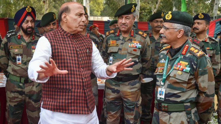 New Delhi: Defence Minister Rajnath Singh interacts with Army Chief General Manoj Mukund Naravane during the foundation stone laying ceremony of the 'Thal Sena Bhawan' in Delhi Cantt, New Delhi, Friday, Feb. 21, 2020. (PTI Photo/Manvender Vashist)  (PTI2_21_2020_000047B)