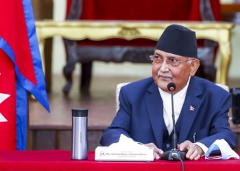 Nepal Communist Party Co-chair and Prime Minister KP Sharma Oli holds a meeting with party lawmakers from Sudurpaschim Province and Province 1 to brief them on the newly promulgated ordinances and the government’s preparedness to fight the coronavirus pandemic, at PM's official residence in Baluwatar, Kathmandu, on Wednesday, April 22, 2020. Photo: RSS