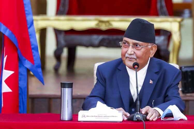Nepal Communist Party Co-chair and Prime Minister KP Sharma Oli holds a meeting with party lawmakers from Sudurpaschim Province and Province 1 to brief them on the newly promulgated ordinances and the government’s preparedness to fight the coronavirus pandemic, at PM's official residence in Baluwatar, Kathmandu, on Wednesday, April 22, 2020. Photo: RSS