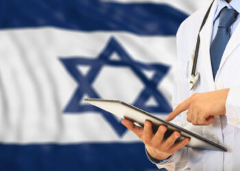 Doctor on flag of Israel background. 3d illustration