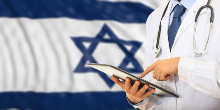 Doctor on flag of Israel background. 3d illustration