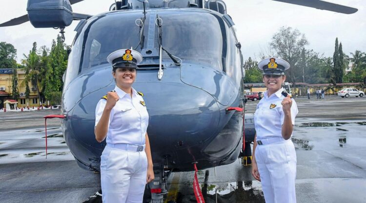 Kochi: Sub Lt. Riti Singh and Sub Lt. Kumudini Tyagi, the first women airborne tacticians who will operate from deck of warships, pose for pictures after they passed out of Indian Navy's Observer Course, at Southern Naval Command, Kochi, Monday, Sept. 21, 2020. (PTI Photo) (PTI21-09-2020_000119B)