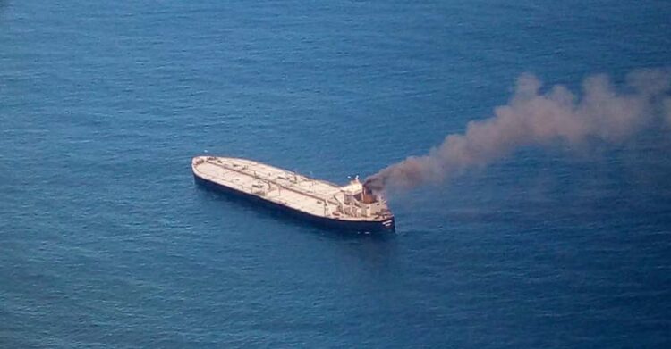The New Diamond, a very large crude carrier (VLCC) chartered by Indian Oil Corp (IOC), that was carrying the equivalent of about 2 million barrels of oil, is seen after a fire broke out off east coast of Sri Lanka September 3, 2020. Sri Lankan Airforce media/Handout via REUTERS ATTENTION EDITORS - THIS IMAGE WAS PROVIDED BY A THIRD PARTY. NO RESALES. NO ARCHIVES.