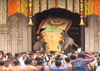 നെയ്തലക്കാവിലമ്മ തെക്കേ ഗോപുരനട തള്ളിത്തുറന്നു; തൃശൂർ പൂരവിളംബരമായി