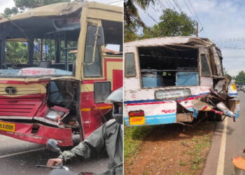 നിര്ത്തി ഇട്ടിരുന്ന കെ.എസ്ആ.ര്.ടി.സി ബസിന്റെ പിന്നിൽ സൂപ്പര് ഫാസ്റ്റ് ബസ്സ് ഇടിച്ച് കയറി; നിരവധി പേര്ക്ക് പരിക്ക്
