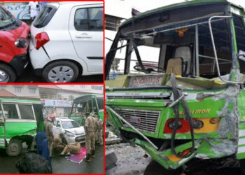 സ്വകാര്യ ബസ് നിയന്ത്രണം വിട്ടു; 13 ഓളം വാഹനങ്ങള് കൂട്ടിയിടിച്ച് നിരവധി പേര്ക്ക് പരിക്ക്