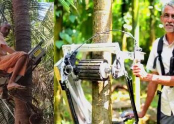 ബൈക്കുമായി ഒന്ന് തെങ്ങ് കയറീട്ട് വന്നാലോ : ഇതാ കർഷകന്റെ പുതിയ കണ്ടുപിടിത്തം