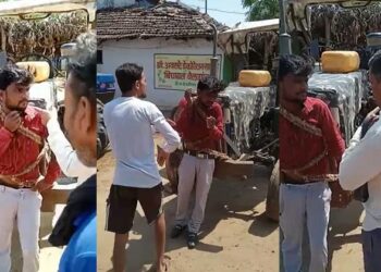 കോൺ​ട്രാക്ടറുടെ ഭാര്യയെ നോക്കി; തൊഴിലാളിയെ ട്രാക്ടറിൽ കെട്ടിയിട്ട് സംഘം ചേർന്ന് മർദ്ദിച്ചു; വീഡിയോ