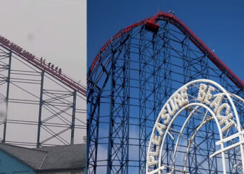 കനത്ത കാറ്റിൽ റോളർ കോസ്റ്റർ നിർത്തി; 180 അടി ഉയരത്തിൽ നിന്നും ട്രാക്ക് വഴി താഴേക്കിറങ്ങി യാത്രക്കാർ