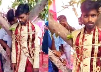 വരണമാല്യം അണിയിക്കും മുൻപ് സ്ത്രീധനം ആവശ്യപ്പെട്ടു; യുവാവിനെ മരത്തിൽ കെട്ടിയിട്ട് വധുവിന്റെ കുടുംബം