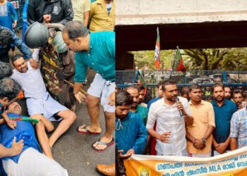 നിയമസഭക്കുള്ളിലെ കൊത്തുപണികളും ചിത്രങ്ങളും നിലവിളക്കുമെല്ലാം ഷംസീർ നീക്കം ചെയ്തു; പ്രതിഷേധ മാർച്ച് നടത്തി യുവമോർച്ച