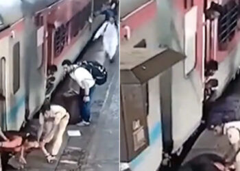 ഓടുന്ന ട്രെയിനില്‍ ചാടിക്കയറാന്‍ ശ്രമം, യുവതി പ്ലാറ്റ്ഫോമിനും ട്രാക്കിനും ഇടയിലേക്ക്, രക്ഷകയായി വനിതാ കോണ്‍സ്റ്റബിള്‍- വീഡിയോ