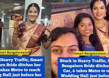 നഗരത്തില്  വൻ ഗതാഗതക്കുരുക്ക്; മെട്രോ കയറി കതിര്മണ്ഡപത്തിലെത്തി നവവധു; കൈയ്യടിച്ച് സോഷ്യല് മീഡിയ