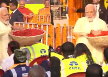 രാമക്ഷേത്രത്തിന്റെ ഭാഗമായ തൊഴിലാളികള്‍ക്കും ആദരവ് ; പുഷ്പവൃഷ്ടി നടത്തി ആദരിച്ച് പ്രധാനമന്ത്രി