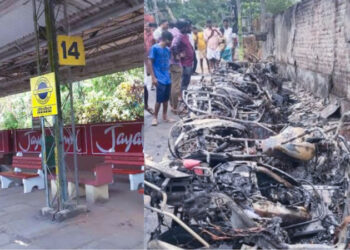 റെയിൽവേ സ്റ്റേഷന് സമീപം പാർക്ക് ചെയ്ത 15 ബൈക്കുകൾ കൂട്ടത്തോടെ കത്തി നശിച്ചു ; കാരണം തിരിച്ചറിയാനാകാതെ അധികൃതർ