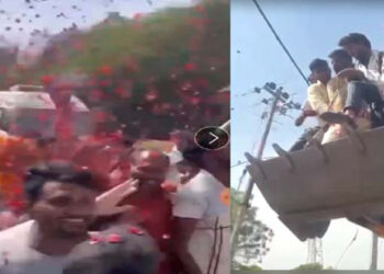 ജെസിബിയിൽ നിന്നും പുഷ്പവൃഷ്ടി; അനുമതിയില്ലാതെ റാലി; ഒടുവിൽ കോൺഗ്രസ് സ്ഥാനാർത്ഥിക്കും അനുയായികൾക്കുമെതിരെ കേസ്