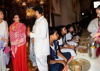 ഇന്ത്യൻ വേഷത്തിൽ കിമ്മും ക്ലോയും ക്ഷേത്രത്തിൽ; കുട്ടികൾക്ക് ഭക്ഷണം വിളമ്പുന്ന ചിത്രങ്ങൾ വൈറൽ