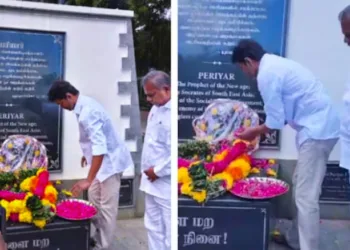 പെരിയാറിനെ മുറുകെപ്പിടിച്ച് വിജയ് ; ജന്മവാർഷികത്തിൽ സ്മാരകത്തിൽ പുഷ്പാർച്ചന