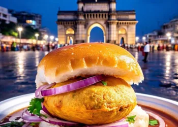 A bustling street food stall in Mumbai, India, with colorful dishes and eager customers.