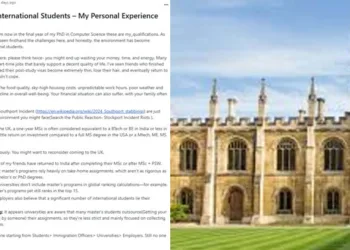 ‘ഒരു വർഷത്തെ എംഎസ്‌സിക്ക് തുല്യം…’അന്താരാഷ്ട്ര വിദ്യാർത്ഥികൾക്കുള്ള ഒരു കെണിയാണ് യുകെ ; ഇന്ത്യൻ പിഎച്ച്‌ഡി വിദ്യാർത്ഥി യുടെ പോസ്റ്റ് വൈറലാകുന്നു