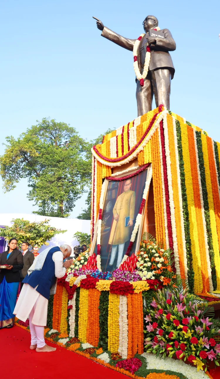 PM pays tribute to Babasaheb Dr. Bhimrao Ramji Ambedkar on his Mahaparinirvan Diwas at Parliament House premises, in New Delhi on December 06, 2023.