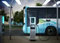 Electric city bus recharging at the bus charge station, connected with a power cable.