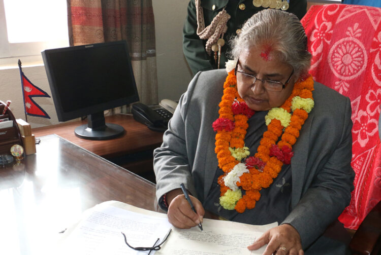 Newly appointed Chief Justice Sushila Karki assumes her office at the Surepeme Court on Monday, July 11, 2016. Photo: RSS