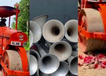 എയർ ഹോണുകൾ ഠമാർ പഠാർ: റോഡ് റോളർ ഉപയോഗിച്ച് തകർത്ത് എംവിഡി ഉദ്യോഗസ്ഥർ