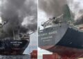 ഹോർമുസ് കടലിടുക്കിൽ ഇറാൻ ആക്രമണം; ഇന്ത്യയിലേക്ക് വരികയായിരുന്ന ചരക്കുകപ്പലിന് തീപിടിച്ചു! കിലോമീറ്ററുകളോളം കറുത്ത പുക; 20 നാവികരെ രക്ഷപ്പെടുത്തി
