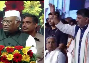 ഒന്നിനും കൊള്ളാത്തവന്മാരെ, ഇവിടെ വ്യക്തിപൂജയില്ല; ഡി.കെ ശിവകുമാറിനായി മുദ്രാവാക്യം വിളിച്ച പ്രവർത്തകരെ വേദിയിൽ വെച്ച് ശാസിച്ച് മല്ലികാർജുന ഖാർഗെ