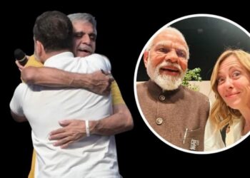 മോദിയെ പരിഹസിക്കുന്ന ആലിംഗന നാടകവുമായി പൊതുവേദിയിൽ രാഹുൽ ഗാന്ധി ; ജോർജിയ മെലോണിക്കെതിരെയും പരിഹാസം