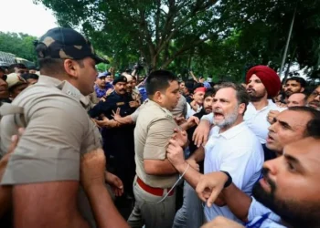 അണികളെ മുട്ട് കൊണ്ടിടിച്ച് പിടിച്ച് തള്ളി ; ഇൻഡി മാർച്ചിൽ ഹാലിളകി രാഹുൽ